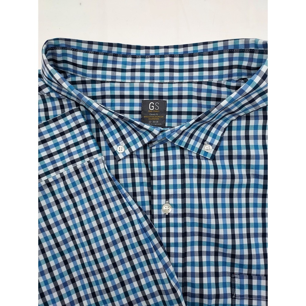 GS‎ Easy Stretch Men's Classic Fit Button Down Shirt Blue Checkered Plaid 5XL